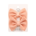 Set of two orange-pink handmade seersucker bow hair clips on white display card - Blush