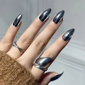Metallic silver mirror finish stiletto press-on nails shown with elegant silver rings - Mirror Silver - Glue Style (Y-154)