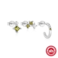 S925 sterling silver earring set with olive green and white zircon in a C-shape design - 3pcs Set-Silver-Olive Green Zirconia