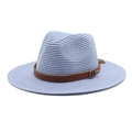 Detail of light blue woven Panama hat with brown leather band and silver buckle - M(56-58cm) / Sky Blue