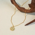Golden titanium steel necklace with a glittering compass star pendant on natural driftwood - Gold Starburst Pendant Necklace (XL-384J-1)