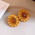 Vintage style amber stone beaded teardrop earrings with gold metal base and yellow beads - Baroque Style Amber Oval Main Stone Earrings (40# Silver Needle-Coffee-Gold)