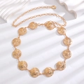 Detail of bohemian gold metal waist chain featuring twelve radial sun-textured discs - Gold (Sun Grain Disk)
