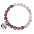 Pink Zebra Jasper beaded bracelet with silver spacers and custom engraved round pendant - Pink Textured Stone (Style-7)
