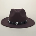 Close-up of dark brown wool fedora with white flower petals and silver stud detailing - M (56-58cm) / Coffee