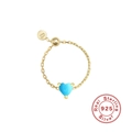 Adjustable S925 sterling silver chain ring in gold with a blue heart-shaped stone - Gold Heart - Turquoise