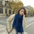 Navy blue fringe cashmere scarf worn by a model in a stylish urban street setting - Thickened Tassel Style (350g) / 200*70cm / Navy Blue