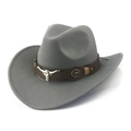 Grey felt western cowboy hat featuring a brown leather band and silver bull head emblem - M(56-58cm) / Grey (Bull Head)