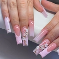Long ombre press-on nails with 3D flowers, silver butterflies, and rhinestones - Pink White Ombre Rhinestone Flower Butterfly (SGCY-221) / Glue Style