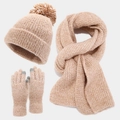 Set de punto de 3 piezas con gorro con pompón, bufanda ancha y guantes táctiles en beige - Caqui