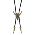 Detail of vintage bull head bolo tie with bronze metal pendant and black braided PU cord - Antique Bronze