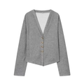 Detailed view of grey knitted V-neck cardigan with five textured gold buttons - S / Gray Blazer