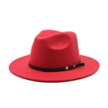 Detail of red wool jazz hat featuring a black leather band and gold metal rivets - M (56-58cm) / Red