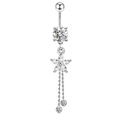 Silver navel ring with flower zircon design and long dangling tassel chains - Silver Star