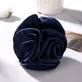 Elegant navy blue satin rose flower hair clip with layered 3D petal design on white background - Navy Blue