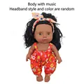 Black vinyl reborn baby doll with curly hair in floral romper and headband with music - 27CM Girl Doll Style 2