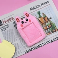 Close-up of pink plush bunny card holder with soft embroidery and clear photo window - Pink Little Rabbit