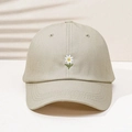 Khaki canvas baseball cap with white daisy embroidery for outdoor sun protection - Khaki