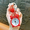 Vibrant red mini alarm clock keychain with bells and silver ring for creative bag charm - Red