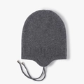 Dark gray knitted wool beanie with ear flaps and straps on a clean white background - One Size / Dark Gray