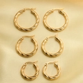 Three pairs of 18K gold plated stainless steel twisted hoop earrings on silk background - Stainless Steel Gold Twisted Rope 3-Piece Set / Gold