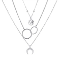 Three-layer silver necklace with earth, nested ring and crescent moon charms - Triple-Layer Earth & Double Ring Crescent Pendant Style (Silver 020974)