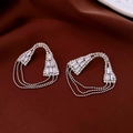 Silver vintage tassel earrings with geometric crystals and fine bead chains - 52# Silver Earring Post - Silver - Geometry - Full Zirconia Trapezoid Beaded Tassel