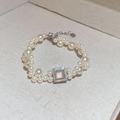 Elegant double-row pearl bracelet with a square zircon gemstone pendant and adjustable chain - 61# Bracelet-White-Blue-Gold Plated