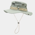 Detail of light green bucket hat with embroidered dog motif and adjustable windproof cord - One Size / Green