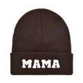 Detailed view of the white towel embroidered MAMA letters on a dark brown knit beanie - Adult Style(MAMA) / Coffee