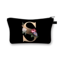 Black polyester floral dumpling cosmetic bag with golden letter S print and zipper - Letter S