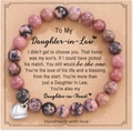 Pink and black stone bead bracelet with silver heart charm on daughter-in-law gift card - Rhodonite + Daughter In Law Card