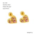 Golden heart-shaped stainless steel stud earrings featuring pink crystal inlay details - Pink Zirconia