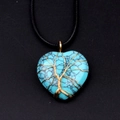 Golden wire-wrapped turquoise heart tree of life necklace on a black rope chain - Synthetic Blue Turquoise (Gold)