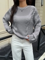 Women's casual grey cable knit long sleeve sweater in a relaxed fit for autumn - S / Gray