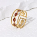 Bague ouverte multi-rangs en acier doré avec détails losanges en émail bordeaux - Réglable / Losange Rouge/Bande Dorée / Rouge