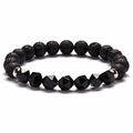 Detail of faceted black beads and porous lava stone beads on a stretch bracelet - Black Agate