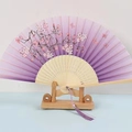 Japanese style purple silk folding fan with cherry blossoms and bamboo ribs - White Ribs Style 58