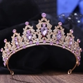 Macro shot of golden leaf tiara with purple teardrop crystals and clear rhinestones - KC Gold White Diamond + Light Purple Diamond