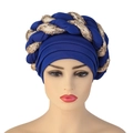 Royal blue turban cap with braided gold and blue sequins shown on a mannequin - Blue