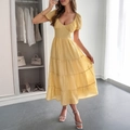 Yellow V-neck puff sleeve tiered midi dress with cinched waist and pleated texture - S / Yellow