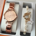 Detailed view of rose gold quartz watch and pearl butterfly bracelet set in display box - Rose Gold Watch Artificial Pearl Butterfly Bracelet Set