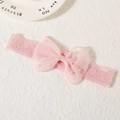 Pink lace baby headband with large mesh bow and white pearl accents for toddlers - Beaded Pink
