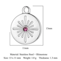 Silver stainless steel sunburst coin pendant featuring a central pink rhinestone inlay - VC594 / Silver Mini Sun