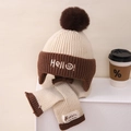 Conjunto de invierno de gorro y bufanda de punto beige y marrón con bordado Hello - Talla universal para niños / Beige