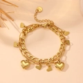 Detailed close-up of double-layer gold stainless steel bracelet with heart charms - Double Layer Multi-Heart Style (I504) / Gold