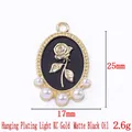 Oval rose pendant in light KC gold with matte black enamel and white pearl details - 13808-KC Gold Plated-Matte Black Enamel Pearl Rose