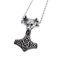 Hip hop style stainless steel wolf head Mjölnir hammer pendant necklace in vintage silver finish - Steel Color Pendant (KP41368-D)