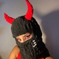 Black knitted Balaclava with red devil horns and punk safety pins with letter beads - 57-59cm / Black Red Horn with Pin and Letter Beads