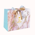 Pink marble gift bag with heart icon, blue side panel, and dual-tone ribbon bow decor - 36x25x12cm / Pink Marble Heart-Bicolor Ribbon